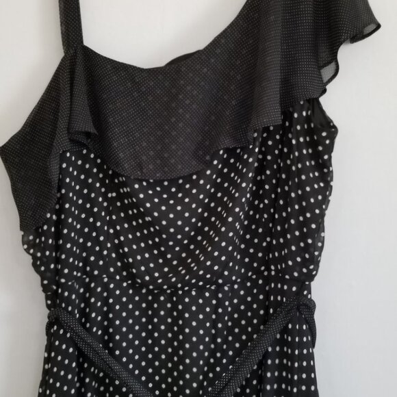Lane Bryant black Whimsigoth polka dot one shoulder ruffle Party midi dress 14 - Picture 2 of 6